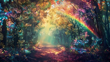 enchanted fantasy forest with shimmering rainbow and whimsical trees fairytale digital painting