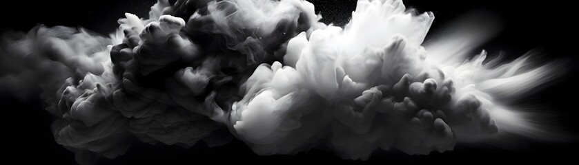 Powerful Charcoal Burst Explosion with Swirling Smoke and Dust Particles in Futuristic Atmosphere - obrazy, fototapety, plakaty
