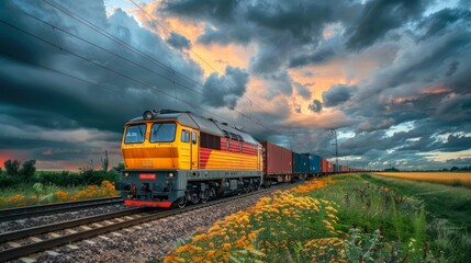 A commercial freight train carrying containers travels down train tracks under a cloudy sky
