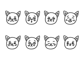 Cat head different facial expressions, line doodle character set. Hand drawn outline emotion on cat face muzzle. Happy, angry, sad and other mood. Vector illustration
