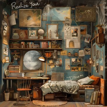 Create an inspiring AI illustration with the theme Realize Your Interior Dreamin mixed media, depicting a dreamy and personalized interior space that embodies creativity and imagination