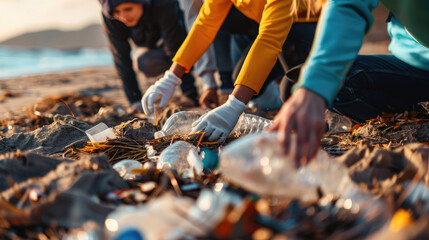 Inspiring photo of a diverse group of people working together, eco volunteers picking up plastic trash on the beach
