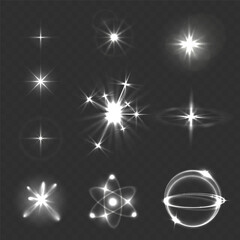 Glowing objects white glow, stars, glare, sparks, particles, explosion, isolated. Vector illustration.