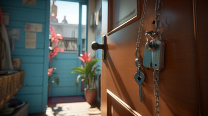 Close-up of a door with a chain and lock - obrazy, fototapety, plakaty