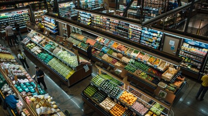 A high-angle view of a grocery store interior packed with neatly organized aisles overflowing with diverse fresh produce - obrazy, fototapety, plakaty