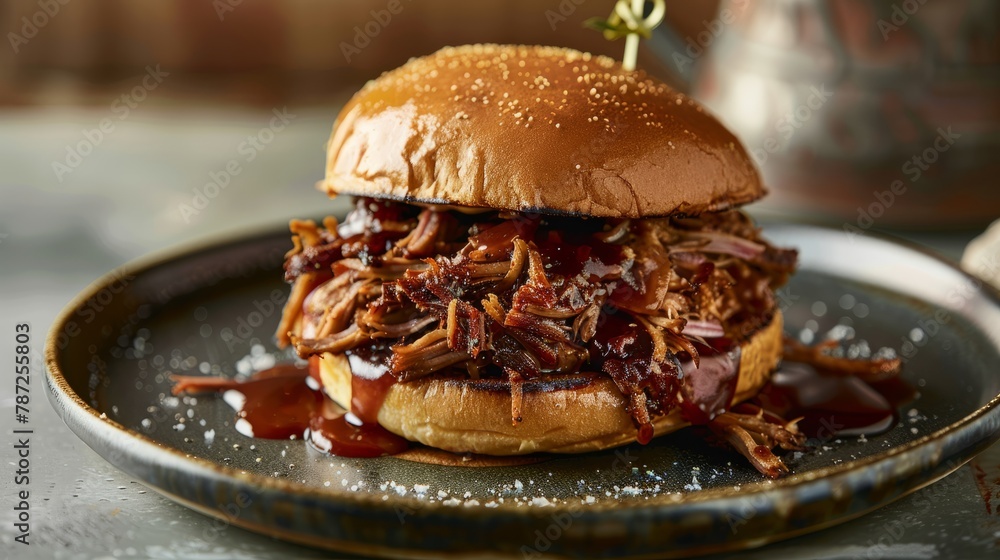 Sticker A pulled pork sandwich topped with barbecue sauce on a ceramic plate