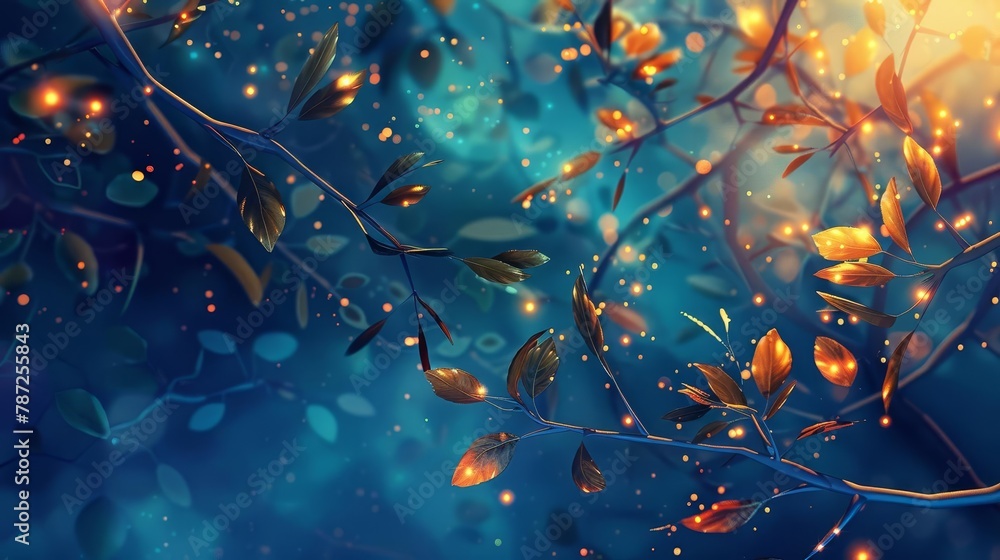 Poster fantasy tree branches with glowing leaves magical forest surface design elements abstract background