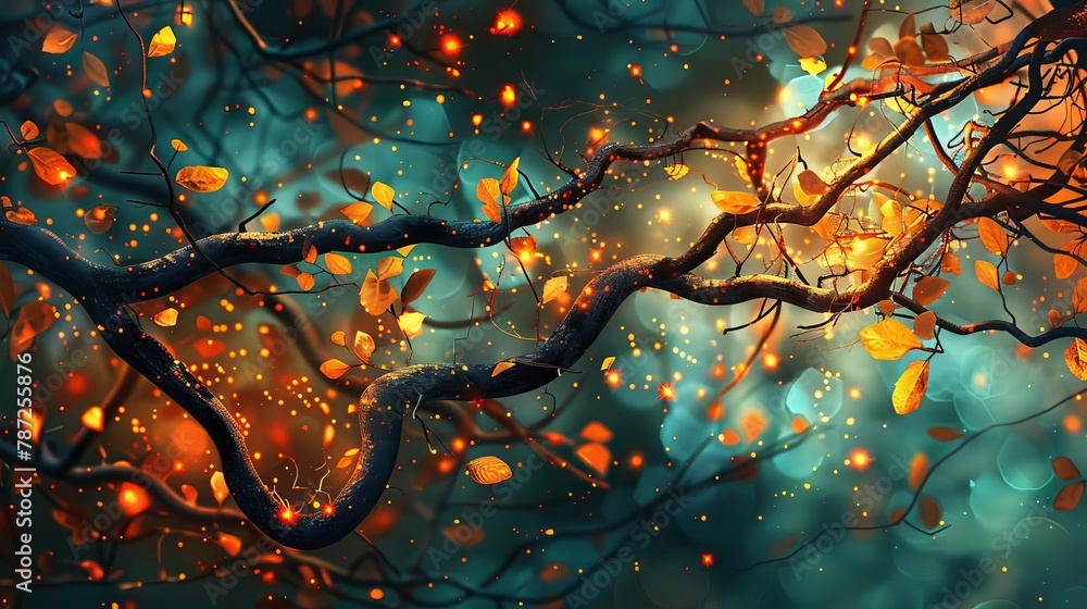 Poster fantasy tree branches with glowing leaves magical forest surface design elements abstract background