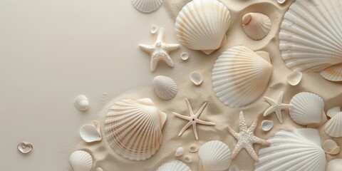 A collection of seashells and starfish artistically arranged on a sandy beach background