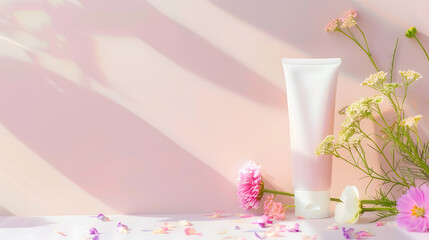 Cosmetic plastic tube with flowers on light background with copy space Natural cosmetics concept : Generative AI