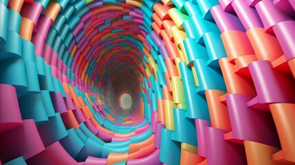 A 3D rendering of a colorful tunnel with a glowing light at the end - obrazy, fototapety, plakaty