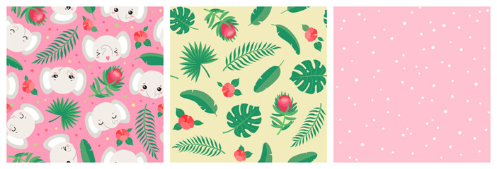 Cute tropical seamless pattern kids collection. Pink repeat design with cute elephant kawaii animal. Banana leaves, monstera and fan palm leaf. Safari summer pattern for textile fabric or paper print.