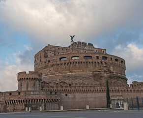 Fototapeta na wymiar Old Roman castle fortress exterior facade in European city