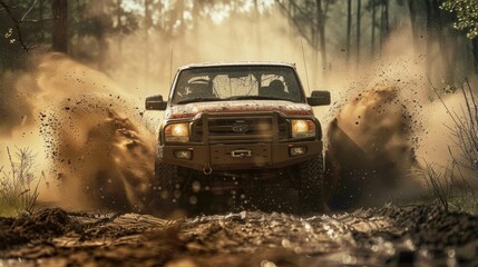 A red truck navigates muddy terrain in a forest, kicking up dust as it moves through the challenging path - obrazy, fototapety, plakaty