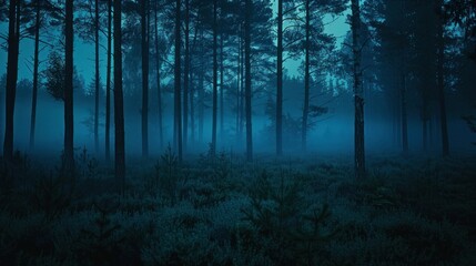 Mysterious Foggy Forest at Night with Silhouetted Trees and Moody Blue Sky Background