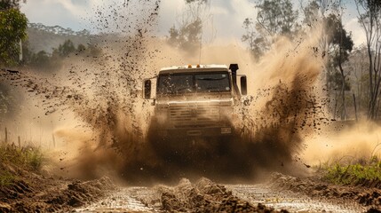 A rugged truck navigates through a muddy road, kicking up dust and mud as it moves forward - obrazy, fototapety, plakaty