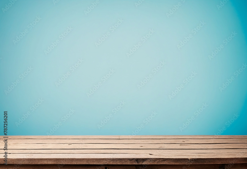 Poster light blue background with an empty wooden table and plenty of room for your branding and copy. use 
