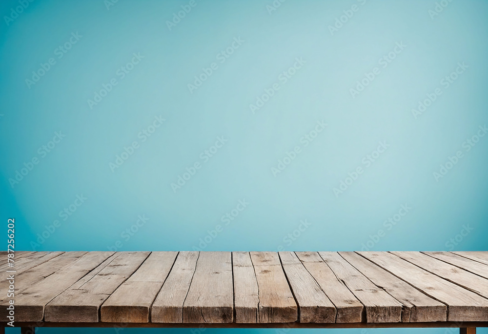Poster light blue background with an empty wooden table and plenty of room for your branding and copy. use 