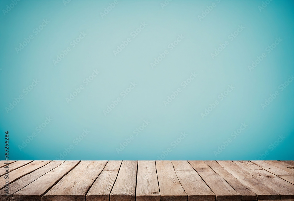 Poster light blue background with an empty wooden table and plenty of room for your branding and copy. use 