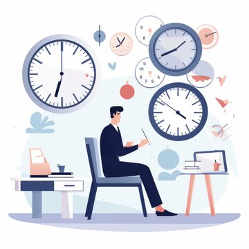 Businessman sitting at desk with clocks