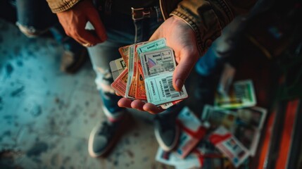A mans hand holding a bunch of concert tickets - obrazy, fototapety, plakaty