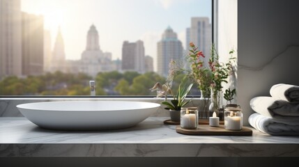 Bathroom interior with city skyline view and flowers