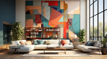 Modern living room interior with large colorful abstract painting on the wall