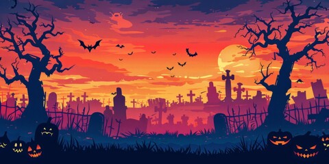 Graveyard at Sunset With Pumpkins and Bats