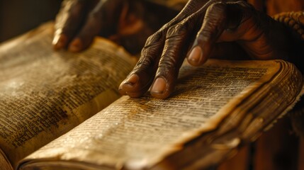 Close-up view of a persons hands holding and flipping through the pages of a book, illustrating study and reverence for a sacred text or scripture