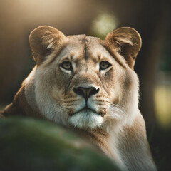 Löwin. Detailliertes Portrait. Nahaufnahme. Tropischer Hintergrund. Sanftes Licht.