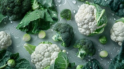 Realistic pattern photography of cruciferous vegetables (broccoli, cauliflower, Brussels sprouts, and kale) - obrazy, fototapety, plakaty