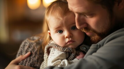 A man holding a baby in his arms, comforting the child