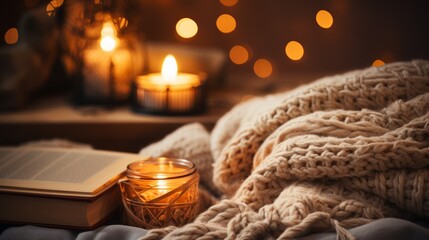 A cozy winter evening with candles and a book