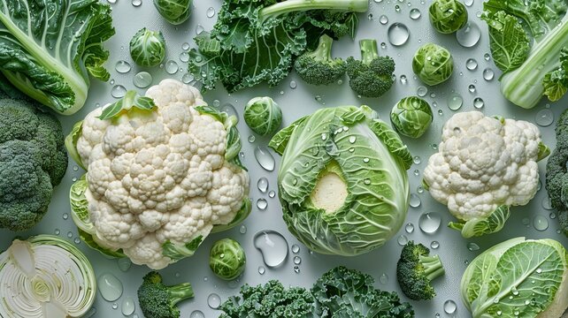 Realistic pattern photography of cruciferous vegetables (broccoli, cauliflower, Brussels sprouts, and kale)