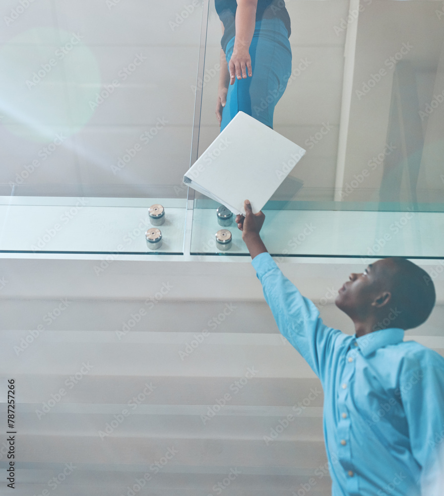 Poster File, help and teamwork with business people in office together for assistance or productivity. Feedback, report and review with intern handing documents to colleague in workplace for complete task