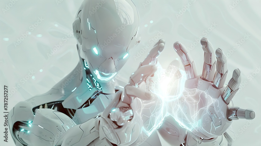 Aufkleber futuristic ai robot touching holographic interface, modern technology and machine learning concept. 
