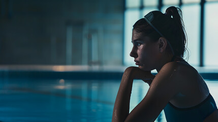 Caucasian female athlete swimmer sits poolside with copy space she appears contemplative before starting her swim training at an indoor facility : Generative AI