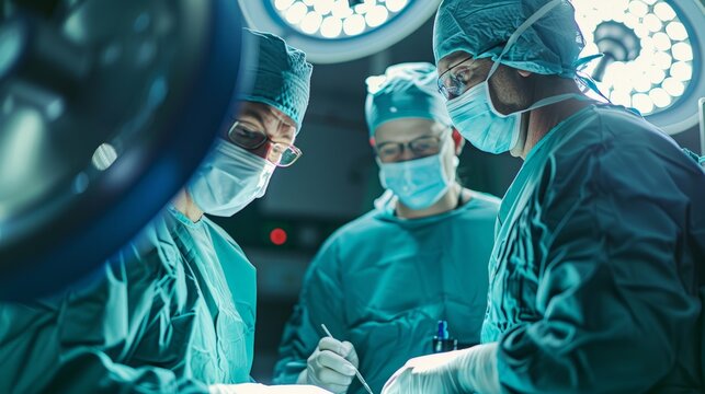 A team of skilled surgeons working together in an operating room, focused on a medical procedure