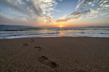 Footprints In The Sand Beach Walking Footsteps Freedom Sunrise Searching Path