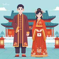 A pair of young men and women wearing traditional Indonesian clothing stand in front of the temple