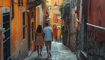 a man and woman walking down a narrow alley