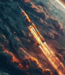 A rocket is launching from the Earth's surface into space - obrazy, fototapety, plakaty