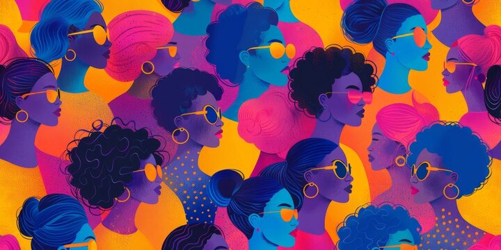 Diverse group of women of color with different hairstyles wearing sunglasses