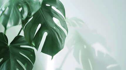 Beautiful monstera leaves or Swiss Cheese plant on a white background Monstera in a modern interior Minimalism concept Copy space selective focus Banner : Generative AI - obrazy, fototapety, plakaty