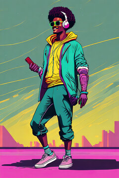 ilustra&ccedil;&atilde;o no estilo synthwave de um jovem afro descendente curtindo m&uacute;sica com roupas que remetem aos anos 90 
