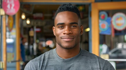 Vibrant young Black man smiling warmly, casually dressed outside colorful festival booths, evoking cheerfulness and community vibes.