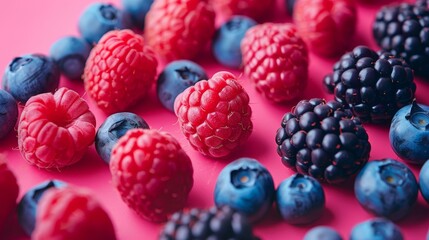 Colorful assortment of fresh berries with vibrant red raspberries, dark blue blueberries, and black...