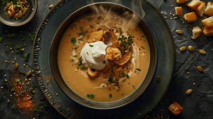 A bowl filled with hot mushroom veloute soup topped with a dollop of sour cream - Powered by Adobe