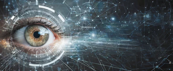 Fotobehang Olho humano refletindo linhas tecnológicas de segurança cibernética, tecnologia e inteligência artificial, espaço para cópia © Luis