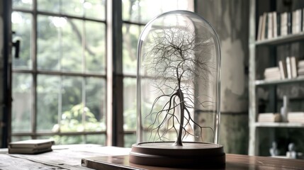 Stunning display of bare tree sculpture under glass dome on wooden desk, bookshelves, green garden view through large windows, tranquil home decor theme. Copy space.